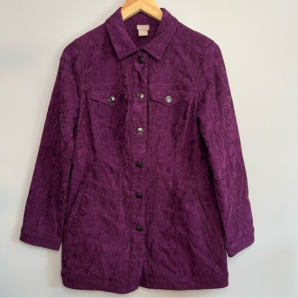 Chico’s Elongated Jacquard Denim Jacket Purple Sz S / Sz 4 / Sz 6 Long Fit - Picture 2 of 13